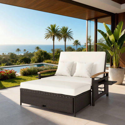 Rattan Outdoor Daybed With Four-Position Adjustable Back,Courtyard Sofabed With Storage Ottoman Base,Acacia Wood Armrests,Beige Finish