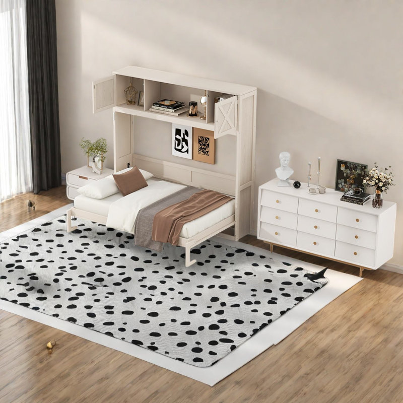 Grands lits escamotables avec rangement, panneau de fibres à densité moyenne en bois massif, beige rustique