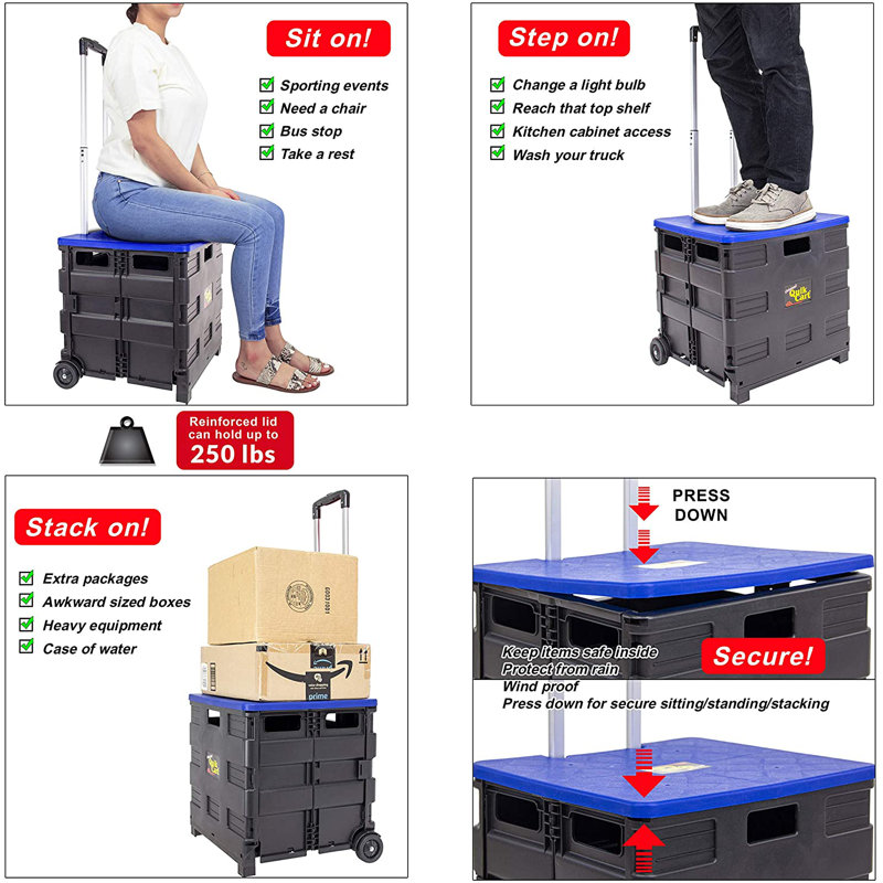 Blue Aluminum and Plastic Collapsible Rolling Cart with Lid