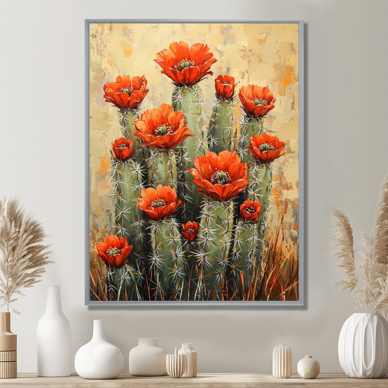 Martesha cactus en pleine floraison - art mural grand cactus, H 20 po x l 12 po, Reproduction avec cadre flottant