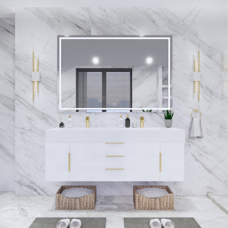 Ensemble de meuble-lavabo double mural l 59 po x P 19,75 po x H 22,25 po Glasgow, Blanc, Blanc très luisant