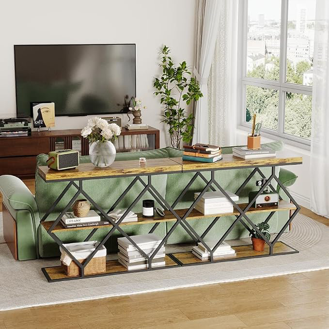 Console à 3 niveaux de 99 cm (39 po), table d'entrée de style industriel, étagères ouvertes en bois, Brun rétro