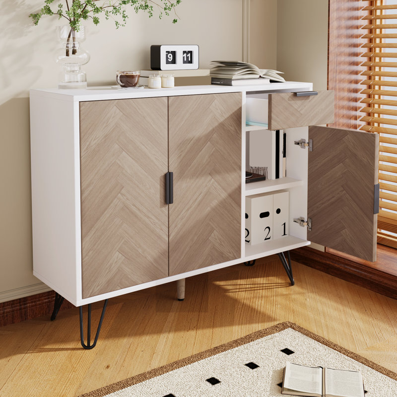 Buffet décoratif en bois avec tiroir et tablettes réglables Brian, Blanc/naturel