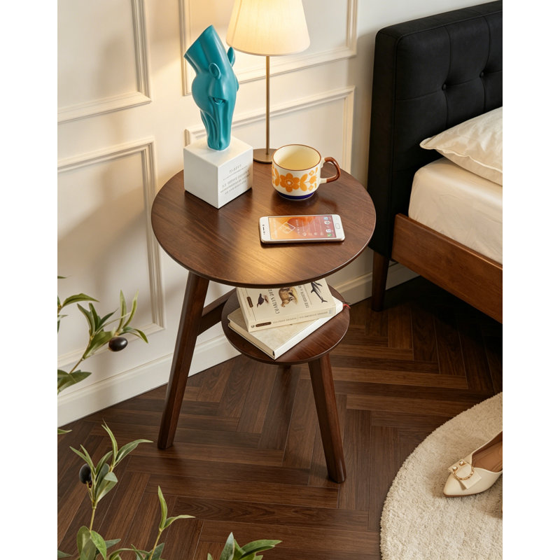 Table d'appoint 100% bois massif à 2 niveaux Table d'appoint de salon, table de chevet, table de bout ronde en bois massif, petite table d'appoint à 2 niveaux avec tablette de rangement inférieure