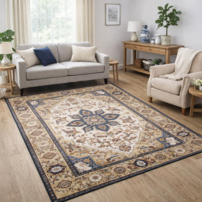 Tapis Hano 6 x 9 de style persan bohémien doré bleu rétro lavable