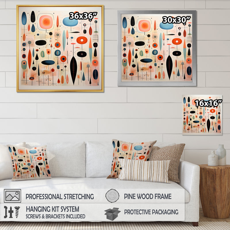 «Mid-Century Whimsical Wonders II» rose - bleu, Cadre photo noir, H 16 po x l 16 po x P 1 po