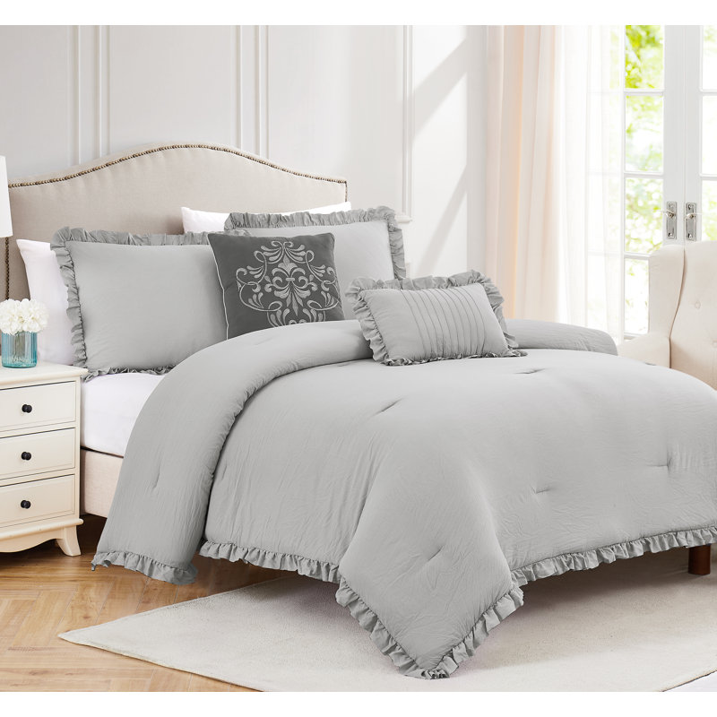 Ensemble d'édredon et coussin décoratif Portland Ruffle, Édredon grand + 2 taies décoratives + 1 taie d'o, Gris