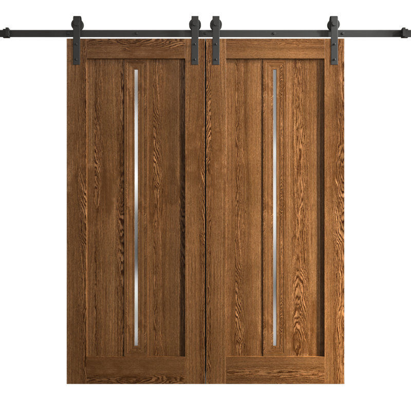 Modern Double Barn Door | Ego 5014 | Track Set | Solid Panel Interior Doors, Cognac Oak, 64'' x 96''