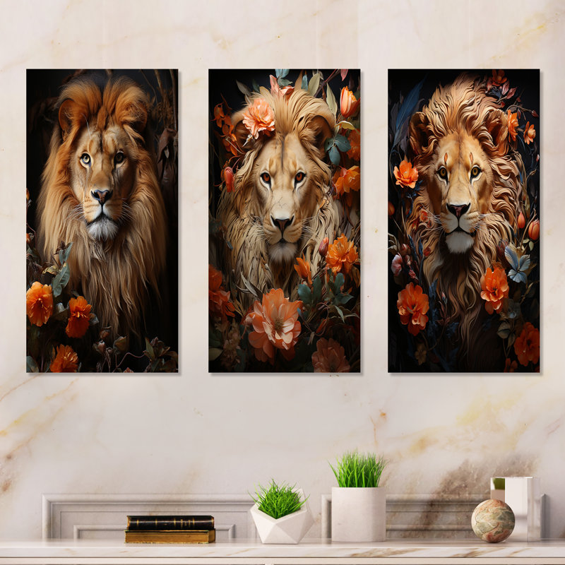 Lions Regal Portraiture - Lion Metal Wall Decor Set Of 3, 32" H x 48" W