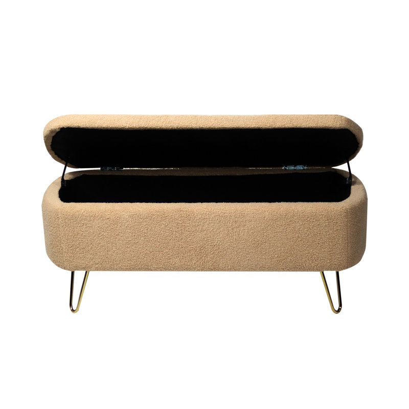Gold Legs Camel Faux Fur Living Room Storage Bench For Bedroom Area Upholstered With Decor, Camel
