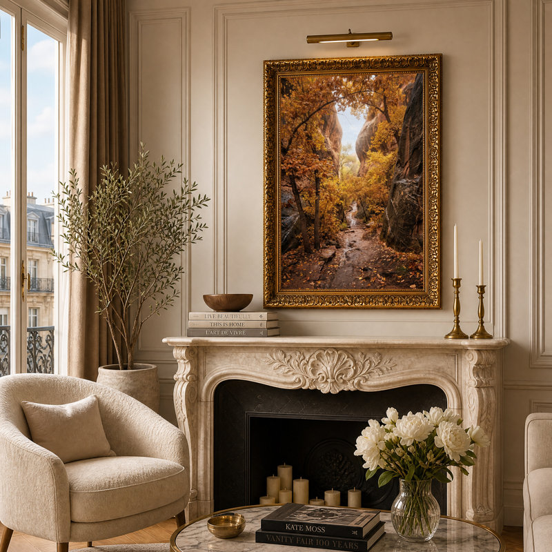 «Yellow Autumn Leaves in Narrow Canyon Stream», art mural, H 24 po x l 16 po