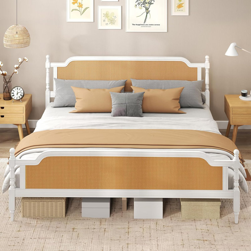 Cadre de lit grand en rotin, cadre de lit plateforme grand avec tête et pied de lit naturel, style bohème et mid-century, bois de pin massif