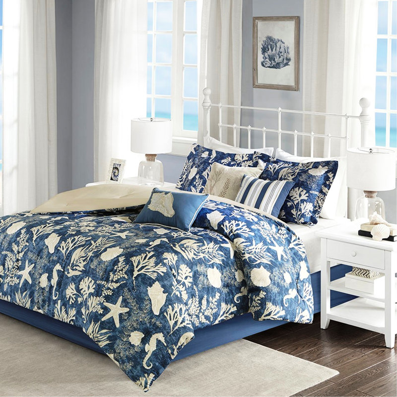 Couette 7 pièces bleue en coton Queen, aspect raffiné et léger