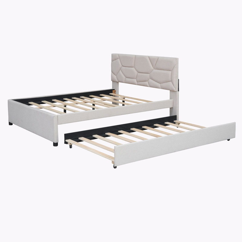 Kenn Linen Upholstered Bed with Trundle, Full, Beige