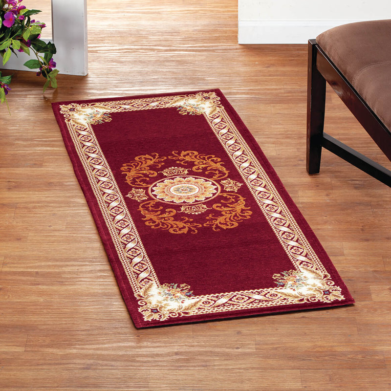 Washable Floral Indoor Rug, Wine, 22" x 60"
