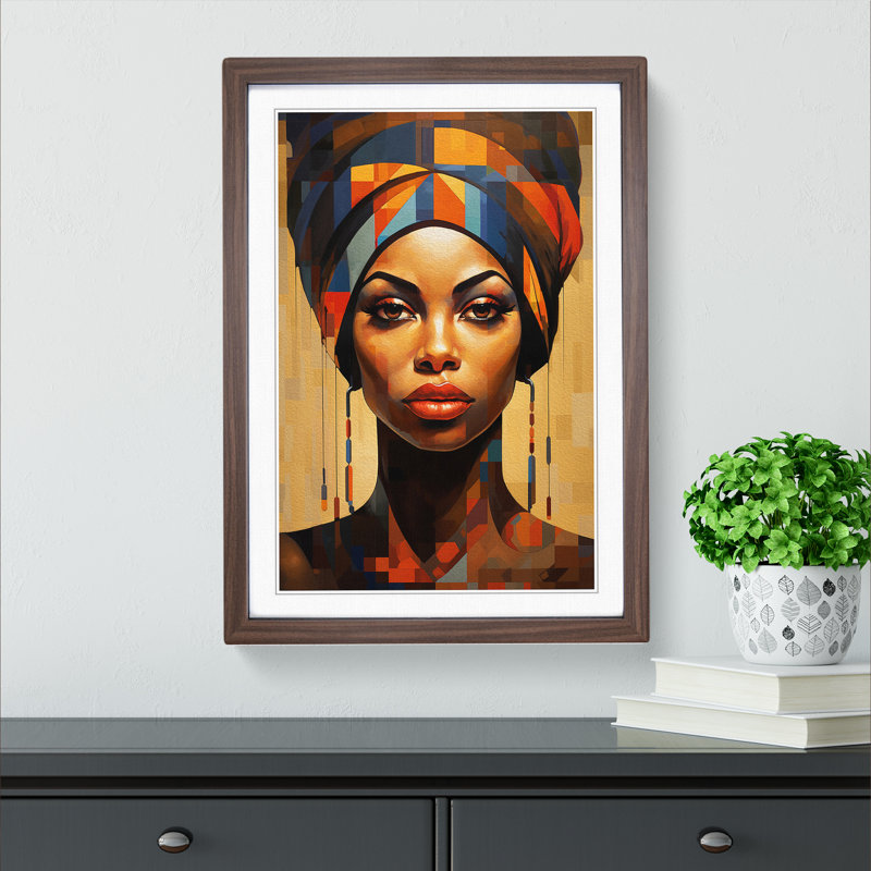 XYZ-FRM-V1223-1773 African Woman Geometric - Single Picture Frame Print on Wood, 46cm H x 34cm W x 2cm D, Walnut 