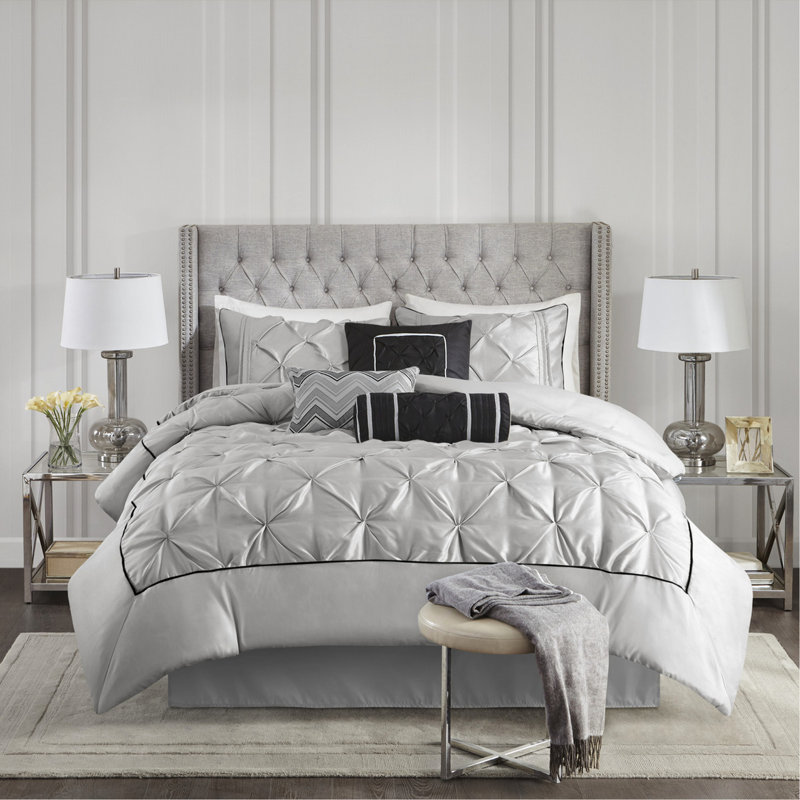 7 pièces - édredon gris avec bordure en tissu lisse, pièces élégantes douillettes et chaudes, Gris