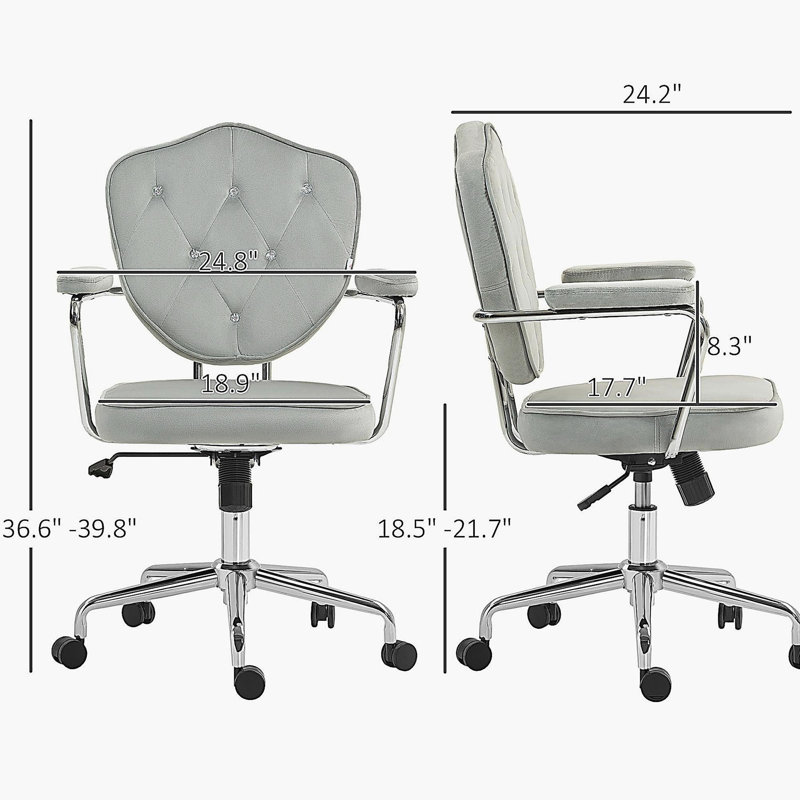 Home Office Chair, Computer Desk Chair with Button Tufted Velvet-Feel Fabric, Swivel Vanity Chair, Gray
