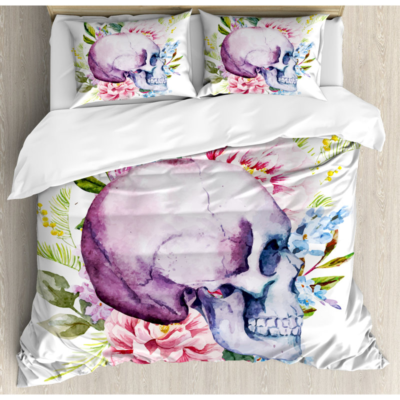 Skull Traditional Polyester Floral Duvet Cover, King