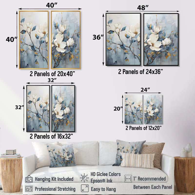 Élégante tranquillité de magnolia blanc et bleu - Décoration murale blanche, H 20 po x l 24 po, Silver