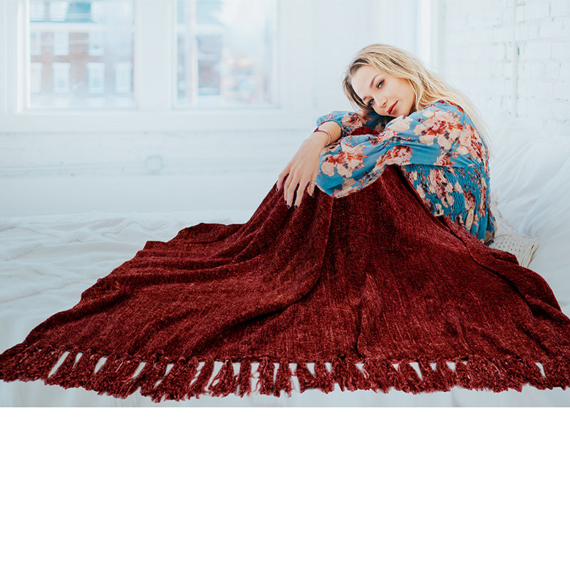 Burgundy Red Chenille Knitted Throw Blanket with Tassel Fringe
