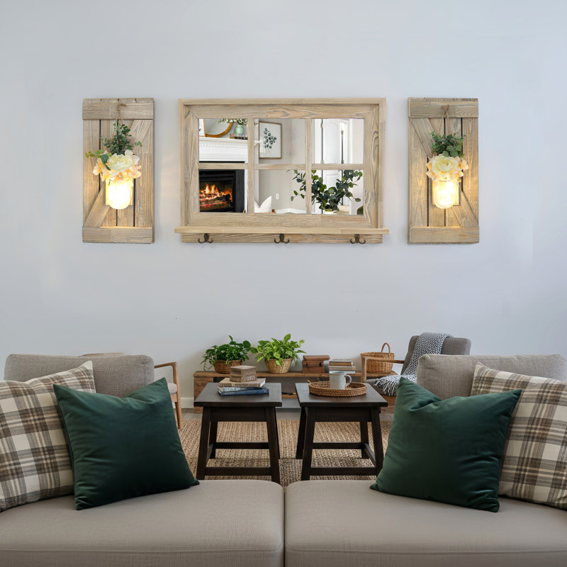 Miroir de fenêtre brun clair avec volets en Z et ensemble de 2 appliques Mason