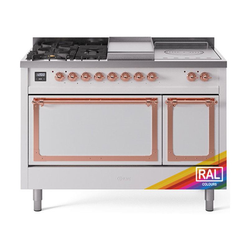 ILVE Nostalgie II Series Noblesse 48 inch Dual Fuel Range with 5 Sealed Burners, Griddle, French Top (Glass Door), Copper