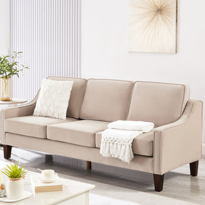 Contemporary 3 , Taupe Velvet Upholstery, Solid Wood Frame, For Primary Living Space 3 Seater With Scooped Armrest, Upholstery And Wooden Frame