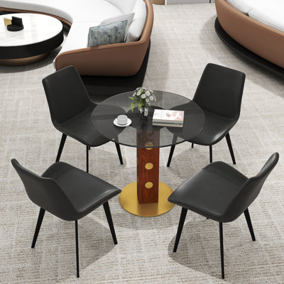 5-Piece Modern Round Glass Small Conference Table Set With 4 PU Leather Chair