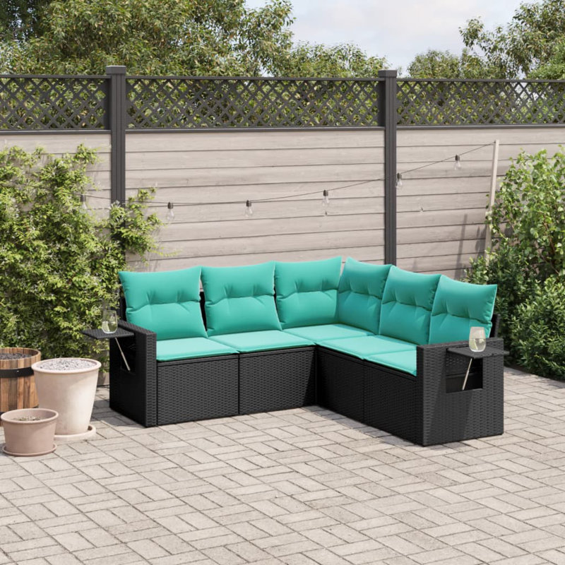  Ensemble de canapé de patio 5 pièces avec coussins en rotin de polyester noir