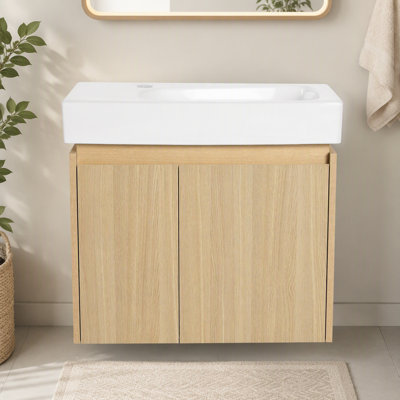 Meuble-lavabo de 61 cm avec lavabo en céramique, lavabo combiné combiné, armoire de rangement en bois à double porte pour salle de bain, chêne