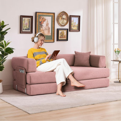 Canapé-lit 5 en 1 pliable sans os, canapé-lit modulaire en velours côtelé, futon de plancher avec housse lavable, mousse à haute densité, peu encombrant, 78,7 pouces, 3 places, rose
