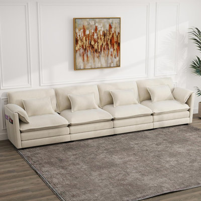 145in Beige Chenille 4-seat Modular Couch | Dual Cushion, Reconfigurable, Zipper Pillows & Side Pockets