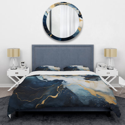 Gold And Blue Abstract Marble Paint IV - Abstract Duvet Cover Set - Microfiber Polyester