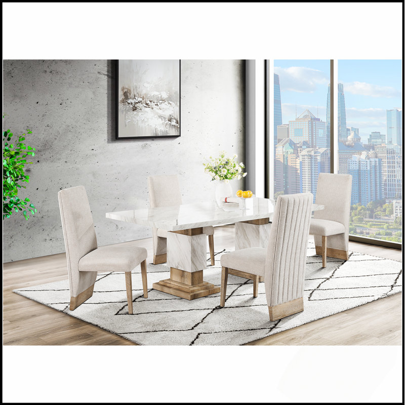 STACEYBEIGE/NATURAL DINING TABLE SET With Faux Marble Top And Comfortable Chairs For Elegant Dining