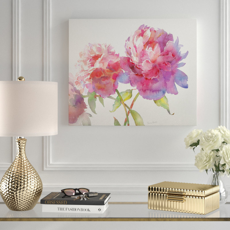 «Prise de pivoines II», reproduction de peinture à l'huile, H 18 po x l 27 po x P 1,5 po, Toile tendue