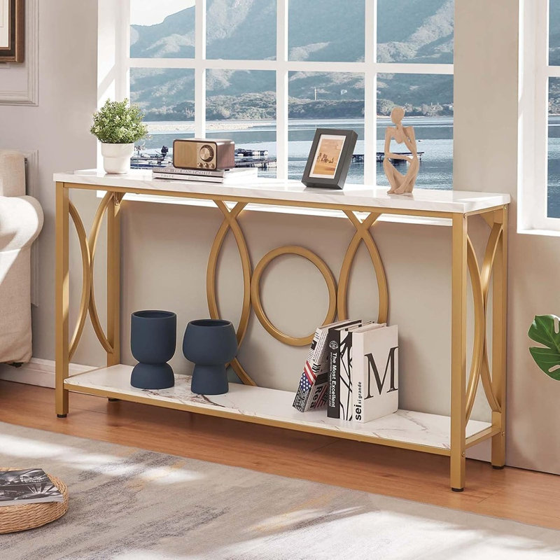 Console moderne dorée avec plateau en imitation marbre, table d'appoint étroite avec rangement