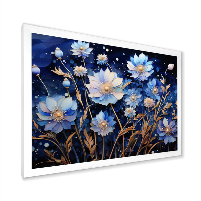Blue Charm Cornflowers Pointillism II, reproduction d'art sur toile, Cadre photo blanc, H 16 po x l 32 po x P 1 po
