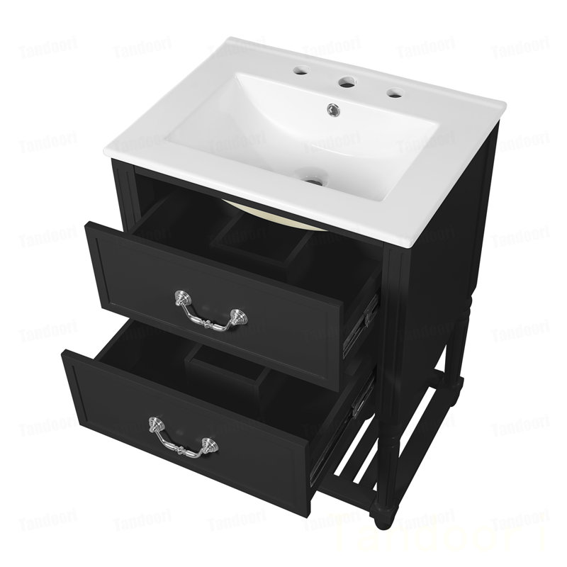Bathroom Vanity with Ceramic Sink, Bathroom Cabinet with Two Soft-Close Drawers and an Open Shelf, Vintage Elegant Wave Design