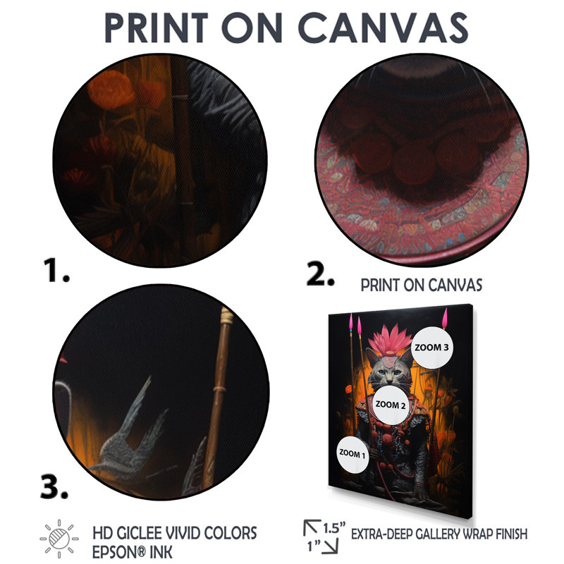 Chat chamanique armure rose - chat, art mural, H 20 po x l 12 po x P 1 po, Toile avec cadre noir