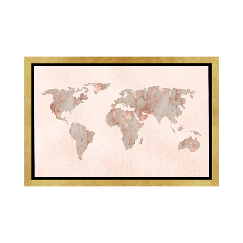 «World Map Rose Gold», reproduction sur toile flottante, H 40 po x l 60 po x 1,5 po, Toile encadrée d'or