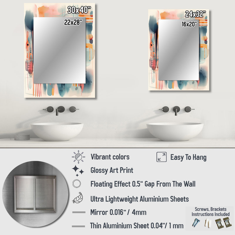 Orange And Blue Artistic Expressions III - Geometric Mirror, Orange Decorative Wall Mirror, Printed Metal Art, 32" x 24"