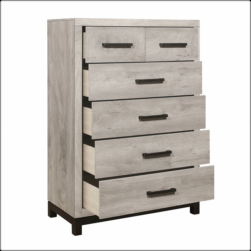 Commode de chambre à 5 tiroirs deux tons gris avec rangement spacieux et surface en mélamine durable, parfaite pour les chambres à coucher modernes.
