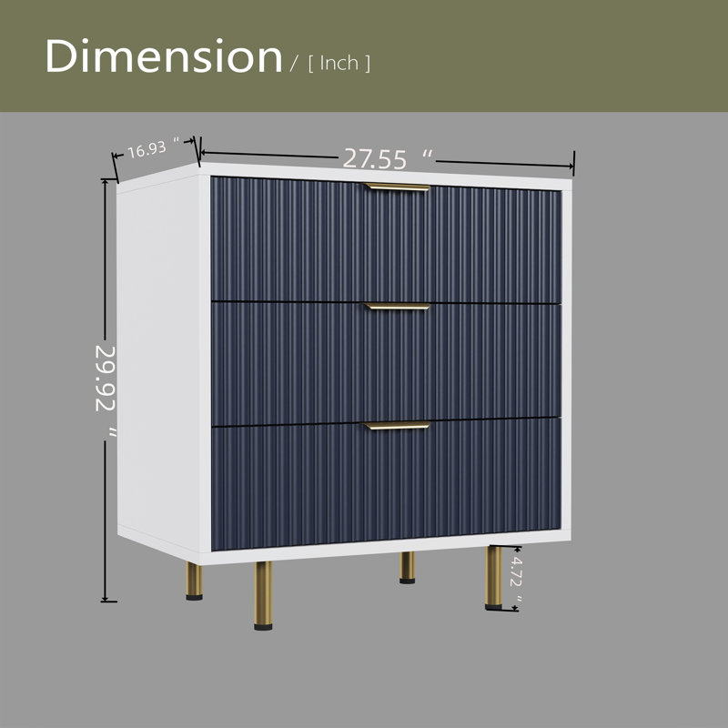 3 Drawer Dresser For Bedroom, Fluted Modern Nightstand With Deep Drawers, Chest Of Drawers With Wide Top