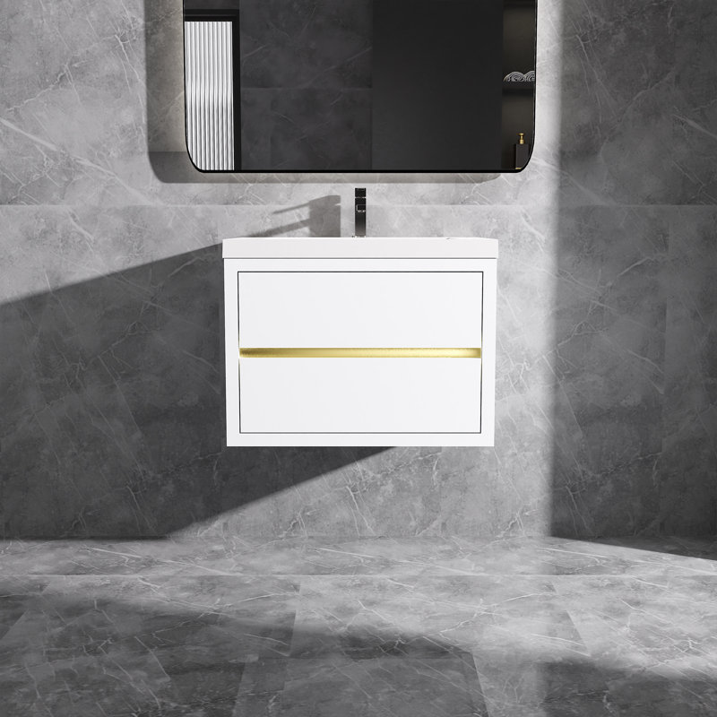 Wall-Mounted Floating Bath Vanity with Single Solid Surface Sink Top in White, 30", White