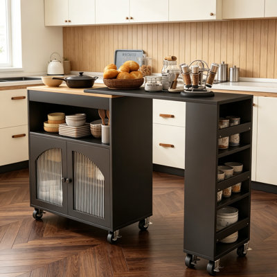Kitchen Island, Large Rolling Kitchen Cart, Mobile Kitchen Table with 2 Fluted Glass Doors Side 3 Open Shelves, Storage Cabinet & Locking Casters