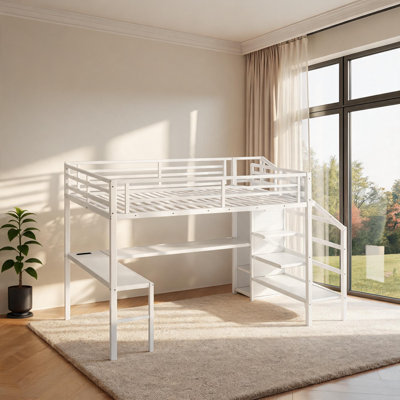 Lit mezzanine surélevé en métal blanc avec bureau en forme de L, ports USB, tablettes réglables et éclairage DEL convenant aux enfants, aux adolescents et aux adultes