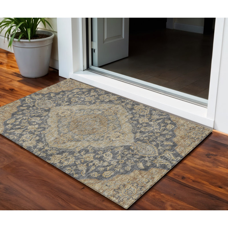 3' X 5' Charcoal Gray And Brown Oriental Washable Indoor Outdoor Area Rug