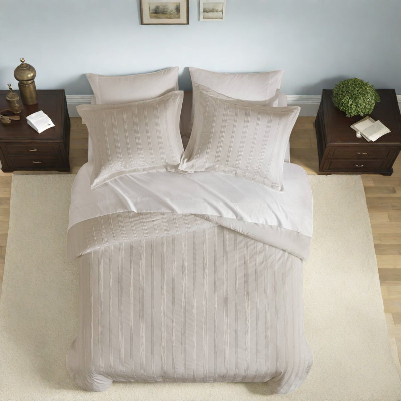 Ensemble de literie complète neutre 3 pièces, polyester durable avec motif rayé moderne