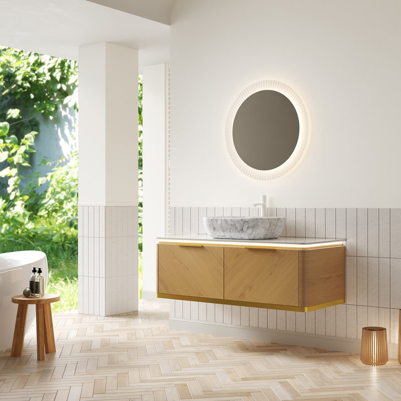 Meuble-lavabo de salle de bain 48 po Dipa, armoire de rangement en contreplaqué flottant, tiroirs avec poignée et capteur de lumière, vasque en céramique à motif marbré et plateau en pierre frittée, pré-assemblé, couleur grain de bois espresso